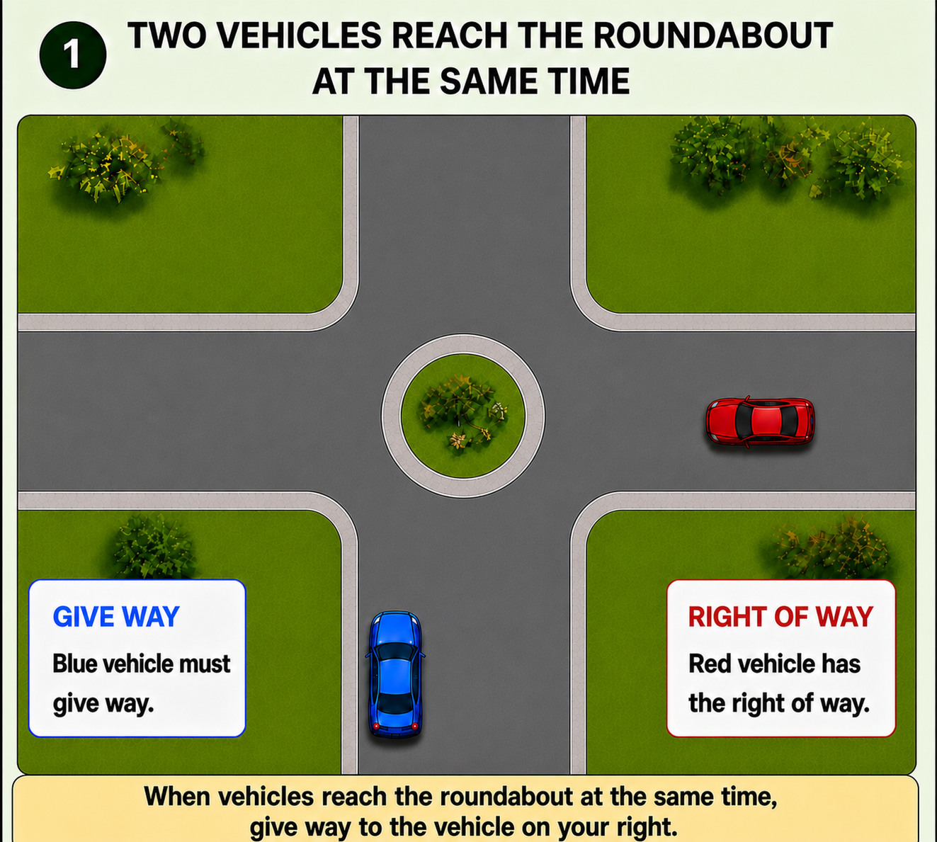 Roundabout example 1: two vehicles reach the roundabout at the same time